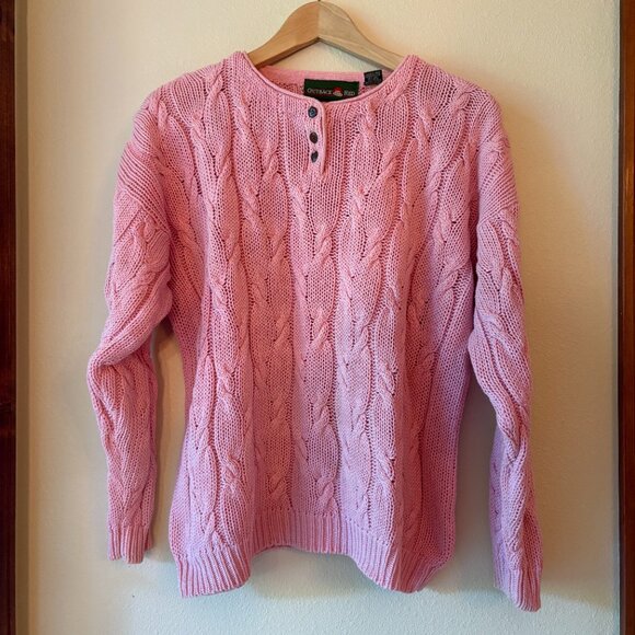 VTG 90s Outback Red Pink Cable Knit Pullover Sweater Cotton Size L Summer Preppy - Picture 1 of 9